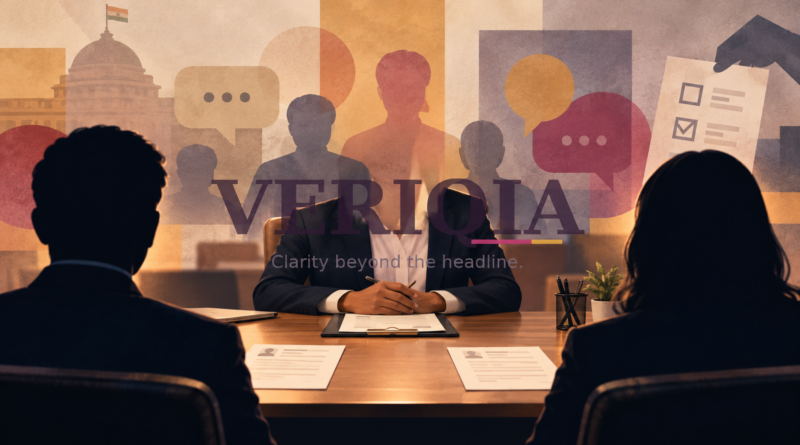 Illustration of a job interview and political views, with centered VERIQIA watermark