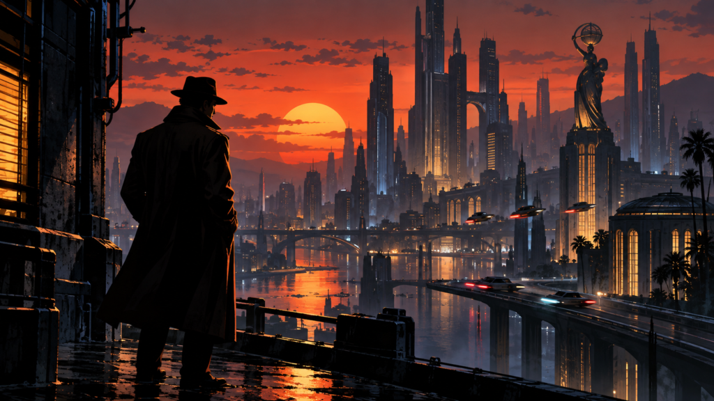 Illustration of a detective in a retro-futurist city