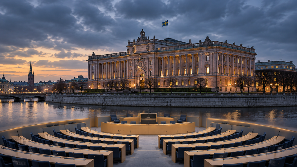 Illustration of the Swedish parliament at dusk