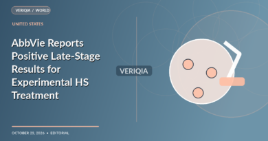 Original VERIQIA editorial illustration of clinical trial charts and dermatology research for the report AbbVie Reports Positive Late-Stage Results for Experimental HS Treatment, with a subtle centered VERIQIA watermark.