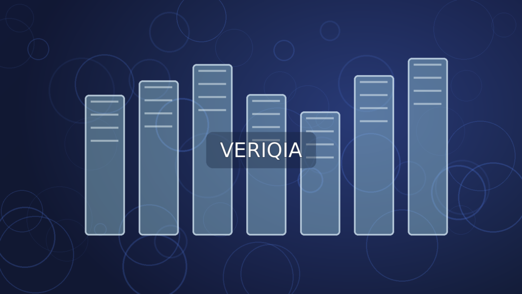 Hyper-scale data center building with glowing server corridors; original VERIQIA editorial illustration with centered watermark.