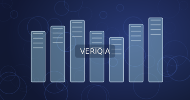 Hyper-scale data center building with glowing server corridors; original VERIQIA editorial illustration with centered watermark.