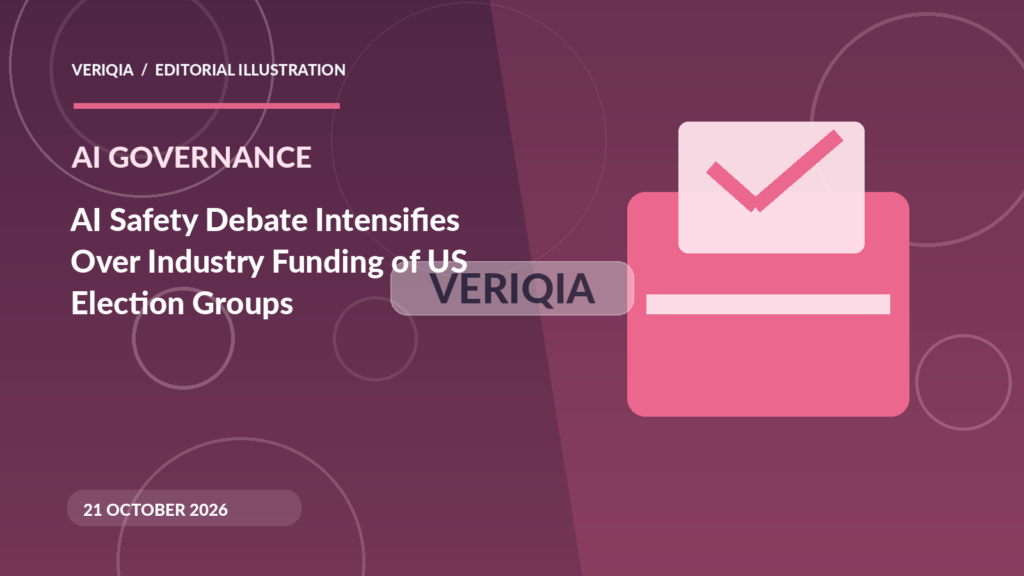 Original illustrated editorial graphic about AI regulation political funding 2026, showing ballot imagery, with a centered VERIQIA watermark