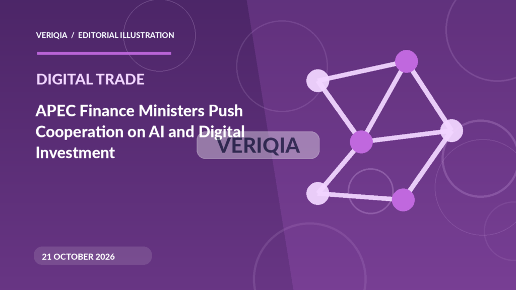 Original illustrated editorial graphic about APEC finance ministers digital infrastructure, showing network imagery, with a centered VERIQIA watermark