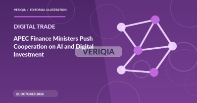 Original illustrated editorial graphic about APEC finance ministers digital infrastructure, showing network imagery, with a centered VERIQIA watermark