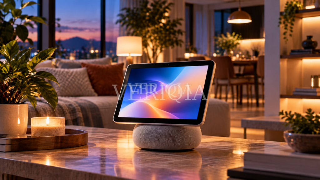 Warmly lit living room with a smart display on a fabric speaker base and centered VERIQIA watermark