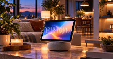 Warmly lit living room with a smart display on a fabric speaker base and centered VERIQIA watermark