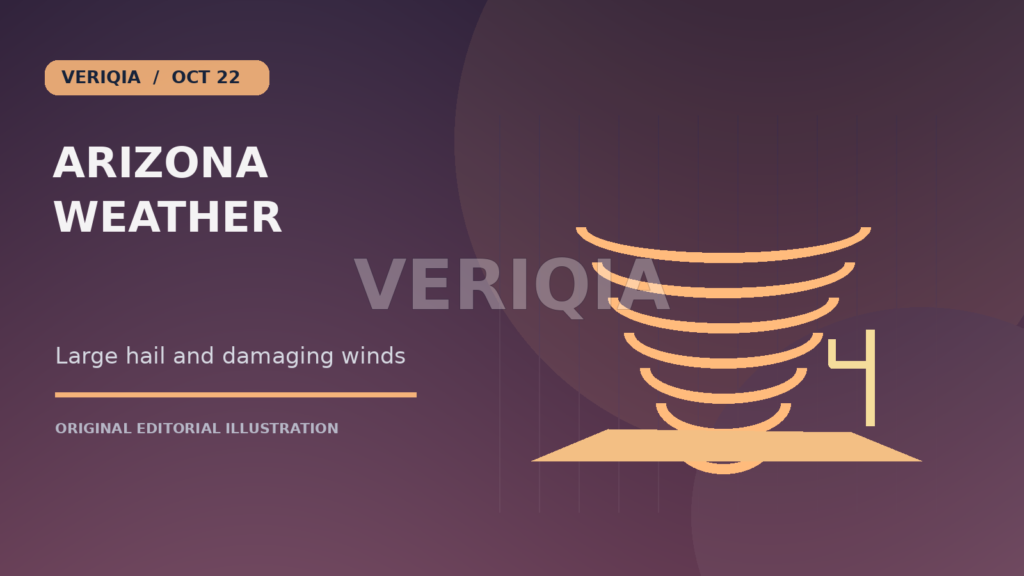 Original editorial illustration showing a desert tornado and storm winds for Rare Arizona Storms Bring Large Hail and Possible Tornado Damage, with a centered VERIQIA watermark