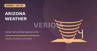 Original editorial illustration showing a desert tornado and storm winds for Rare Arizona Storms Bring Large Hail and Possible Tornado Damage, with a centered VERIQIA watermark