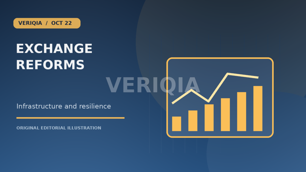 Original editorial illustration showing an exchange trading screen with a market graph for ASX Outlines Reform Progress After Years of Trading-System Problems, with a centered VERIQIA watermark
