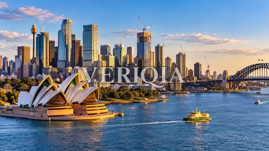 Sydney Harbour skyline, Opera House and ferry at sunset with centered VERIQIA watermark