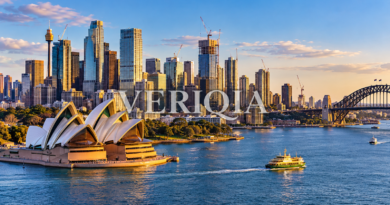 Sydney Harbour skyline, Opera House and ferry at sunset with centered VERIQIA watermark