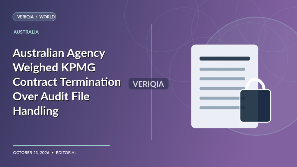 Original VERIQIA editorial illustration of secure document and government computer terminal for the report Australian Agency Weighed KPMG Contract Termination Over Audit File Handling, with a subtle centered VERIQIA watermark.