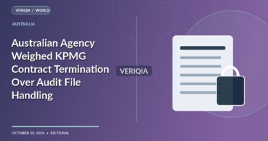 Original VERIQIA editorial illustration of secure document and government computer terminal for the report Australian Agency Weighed KPMG Contract Termination Over Audit File Handling, with a subtle centered VERIQIA watermark.
