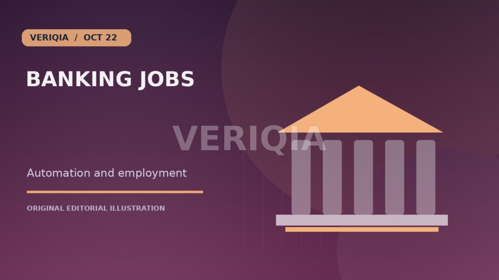 Original editorial illustration showing a classical bank facade and columns representing the workforce for Barclays Plans 5,000 Job Cuts as Automation Reshapes Banking, with a centered VERIQIA watermark
