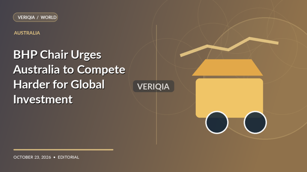 Original VERIQIA editorial illustration of mining equipment and international capital arrows for the report BHP Chair Urges Australia to Compete Harder for Global Investment, with a subtle centered VERIQIA watermark.