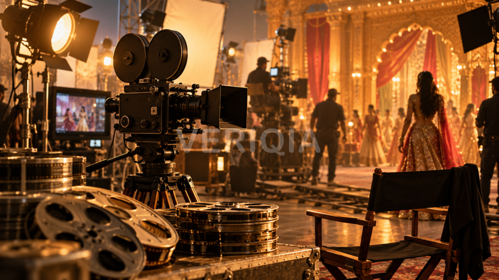 Professional movie camera and lights on a richly decorated film set