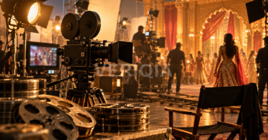 Professional movie camera and lights on a richly decorated film set