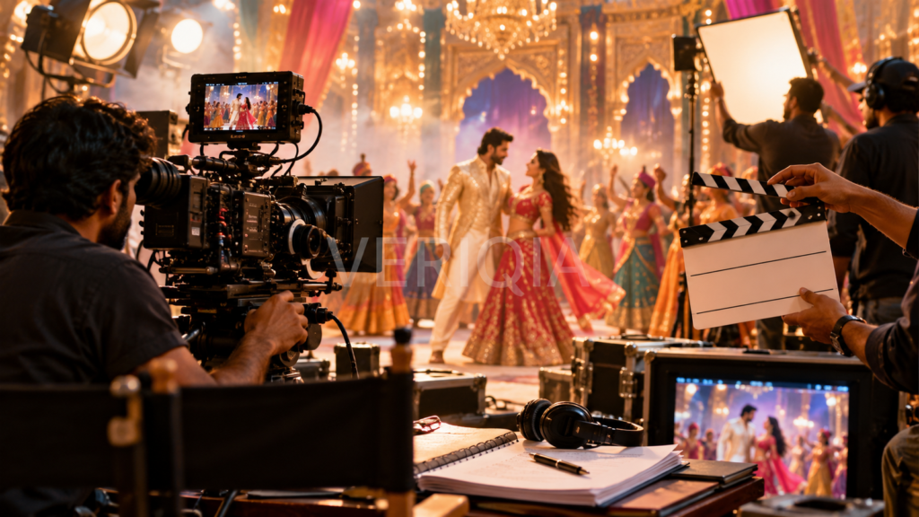 Colorful Bollywood film set with cinema camera, crew and performers during a dance sequence