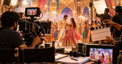 Colorful Bollywood film set with cinema camera, crew and performers during a dance sequence