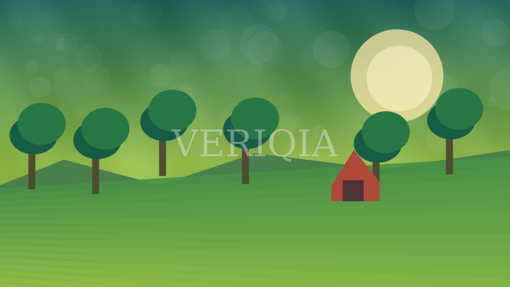 Original illustration of cultivated fields, farm trees and a farmhouse with centered VERIQIA watermark