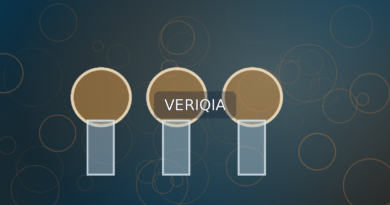 Offshore oil platform beside land-based pumpjack at sunrise; original VERIQIA editorial illustration with centered watermark.