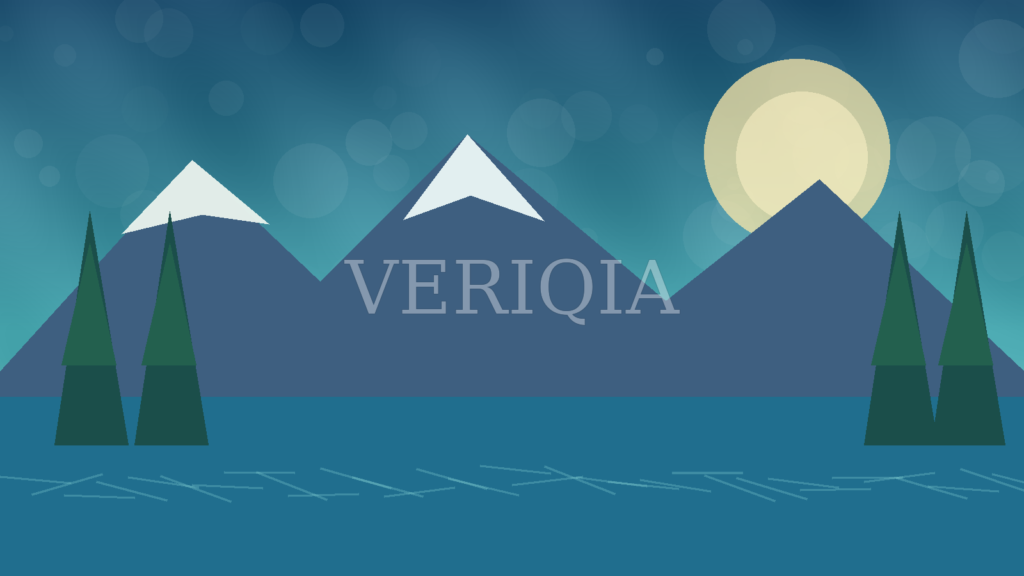 Original illustrated mountain lake and conifer forest under a bright sky with centered VERIQIA watermark