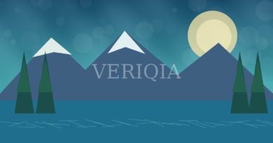 Original illustrated mountain lake and conifer forest under a bright sky with centered VERIQIA watermark
