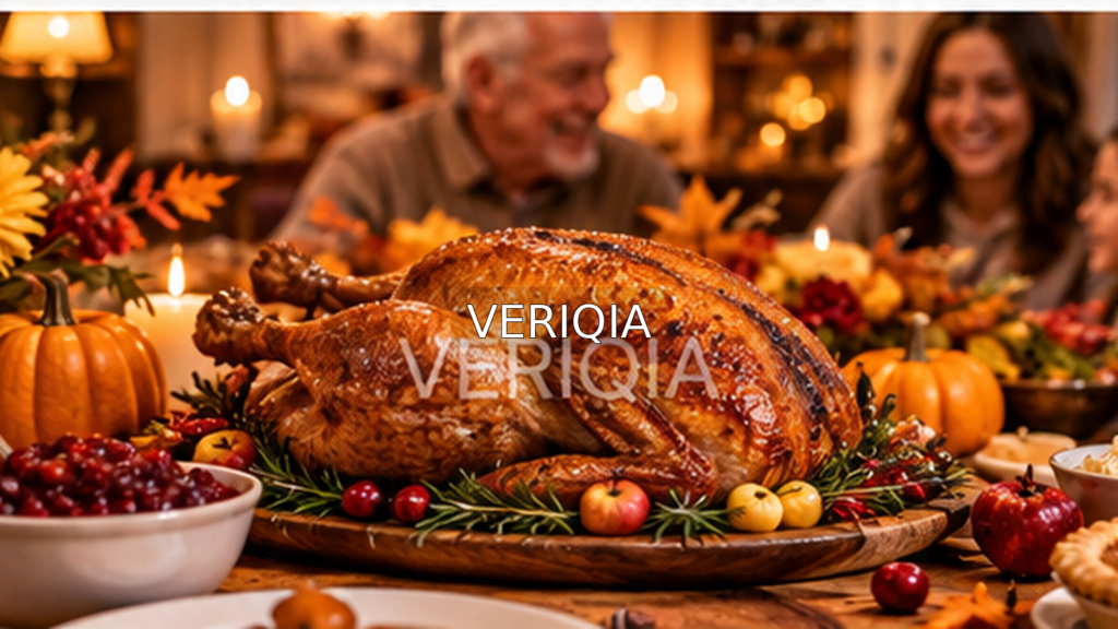 Family Thanksgiving dinner with roast turkey and autumn decorations with centered VERIQIA watermark.
