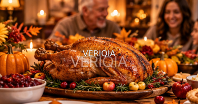Family Thanksgiving dinner with roast turkey and autumn decorations with centered VERIQIA watermark.