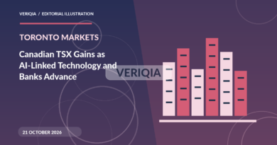 Original illustrated editorial graphic about TSX October 21 2026 AI rally, showing skyline imagery, with a centered VERIQIA watermark
