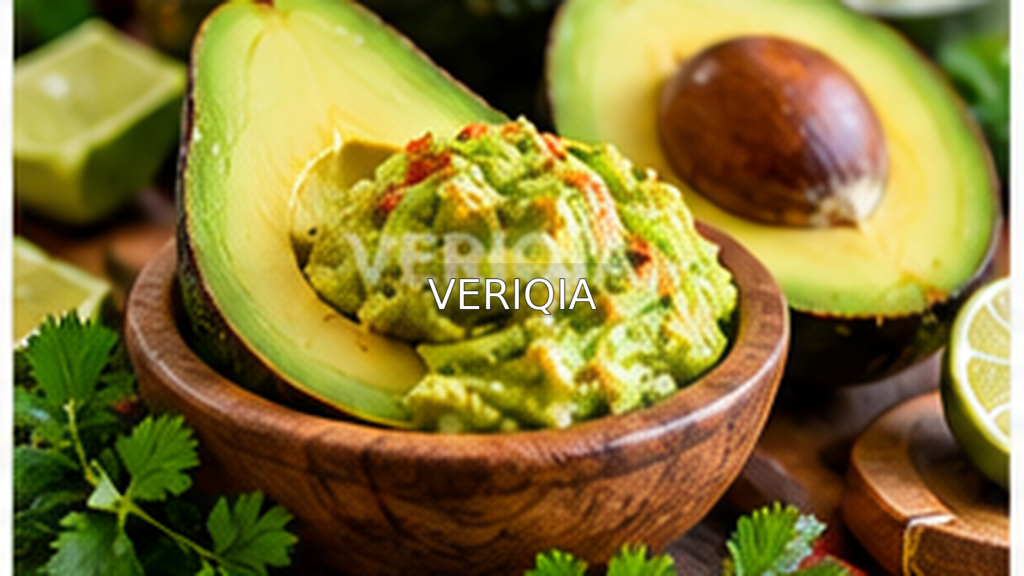 Close-up of green avocados and prepared food representing food safety, with centered VERIQIA watermark.