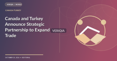 Original VERIQIA editorial illustration of Canada Turkey trade routes and handshake illustration for the report Canada and Turkey Announce Strategic Partnership to Expand Trade, with a subtle centered VERIQIA watermark.