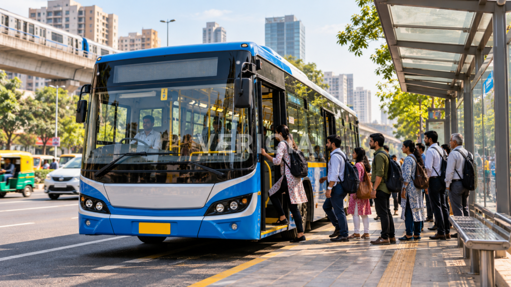 Blue city bus stopping for passengers at a sheltered urban bus stop