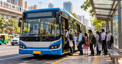 Blue city bus stopping for passengers at a sheltered urban bus stop
