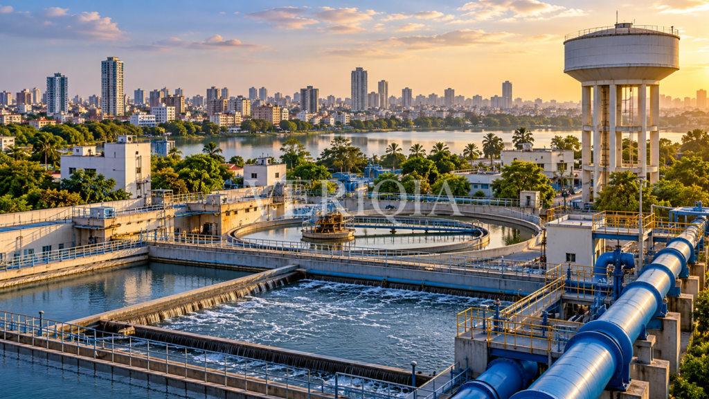 Municipal water treatment tanks and pipes near a water tower and city skyline
