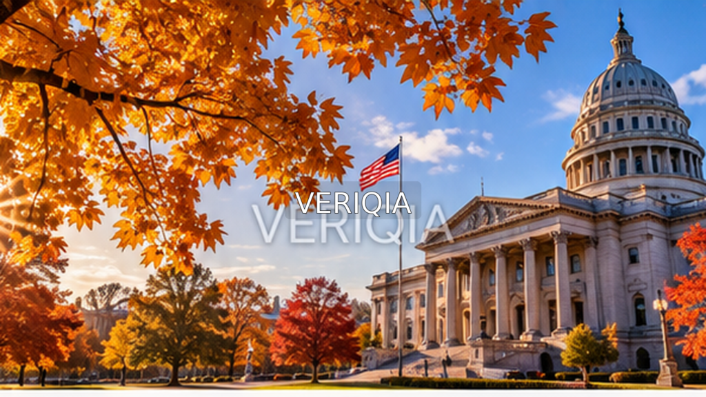 US civic building and autumn foliage beneath clear blue sky with centered VERIQIA watermark.
