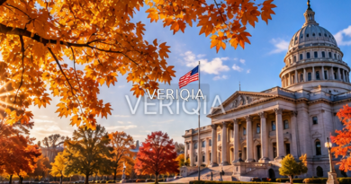 US civic building and autumn foliage beneath clear blue sky with centered VERIQIA watermark.