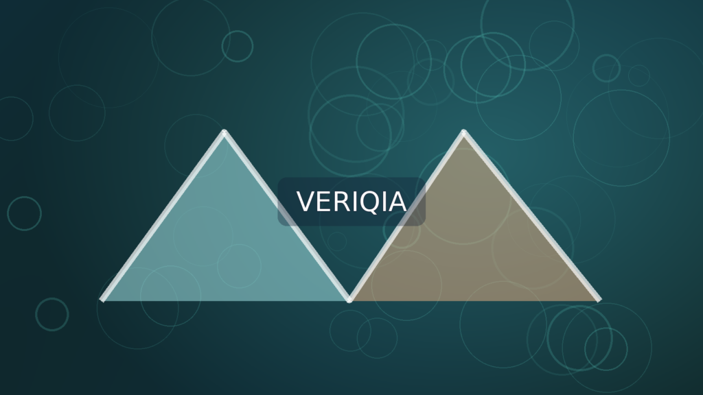 Two distinct glass office towers connected by illuminated bridge; original VERIQIA editorial illustration with centered watermark.