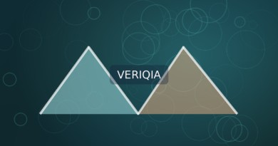 Two distinct glass office towers connected by illuminated bridge; original VERIQIA editorial illustration with centered watermark.