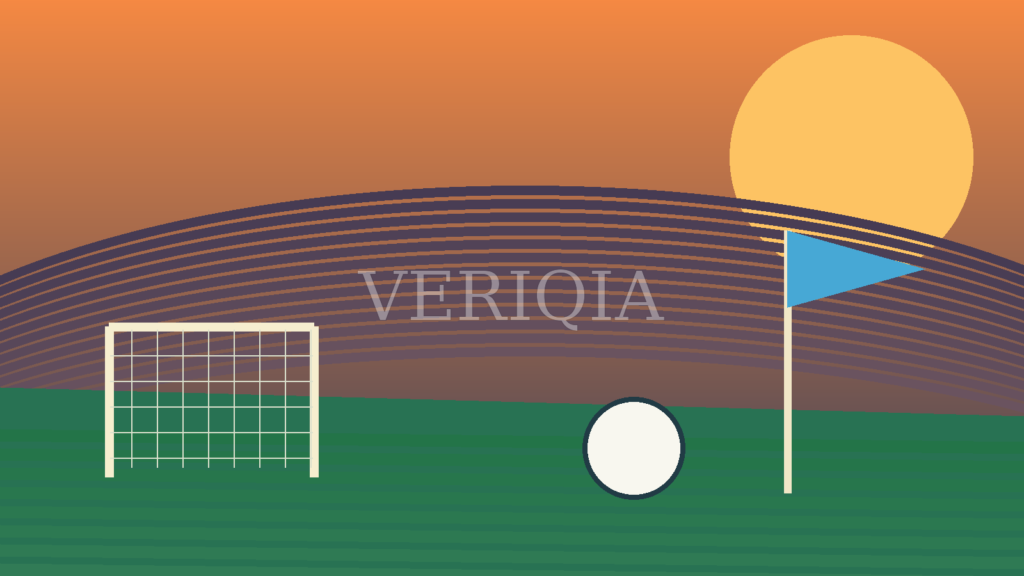 Football pitch at golden hour with blue corner flag, goal and ball with centered VERIQIA watermark