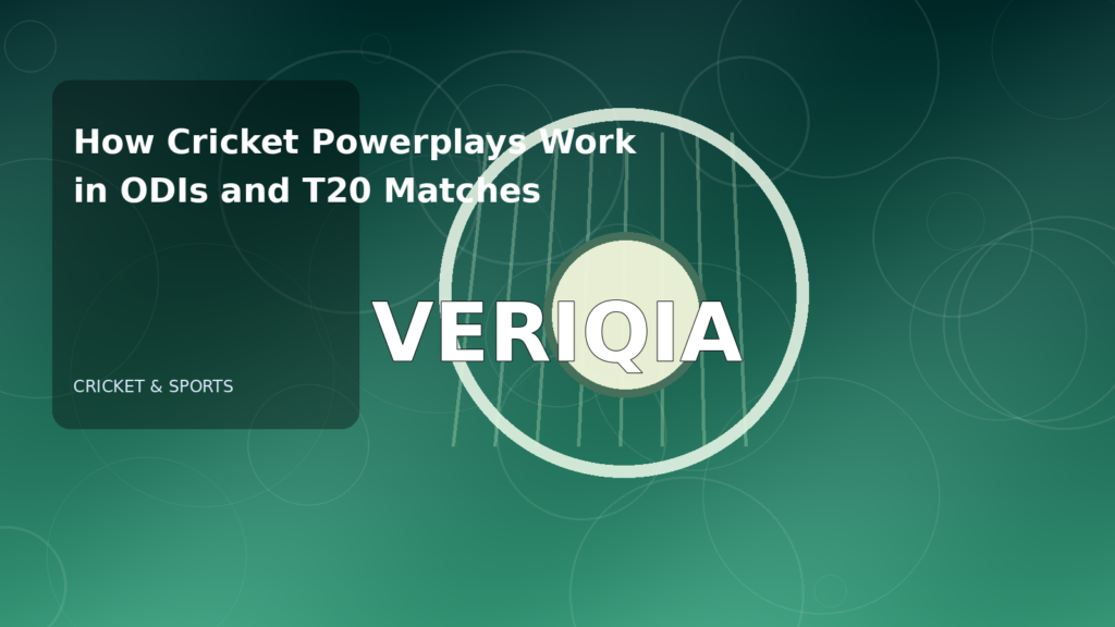 Original editorial illustration illustrating cricket powerplay rules explained, with VERIQIA watermark