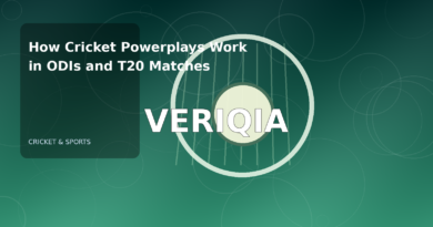 Original editorial illustration illustrating cricket powerplay rules explained, with VERIQIA watermark