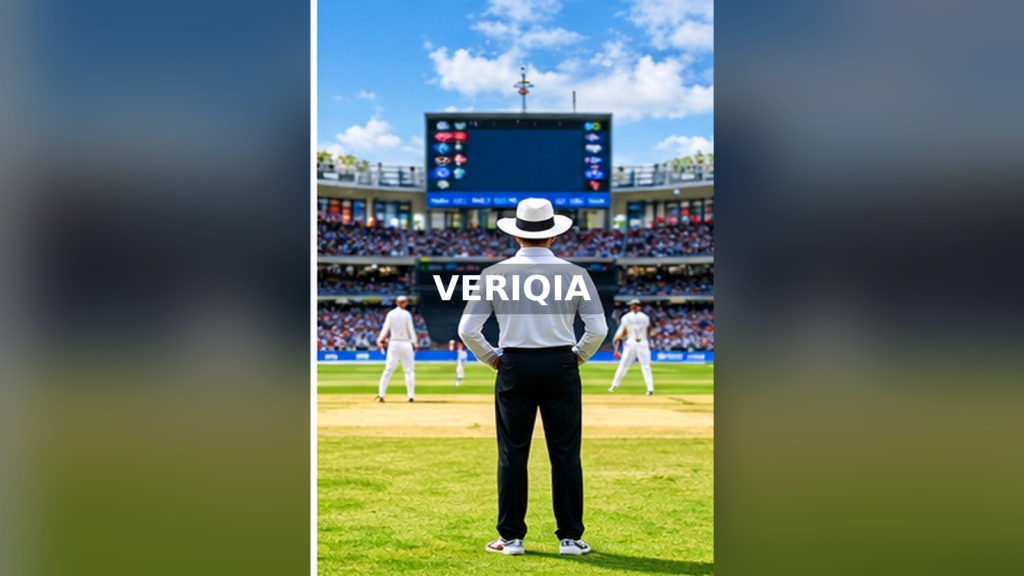 Cricket umpire standing beside a pitch and scoreboard