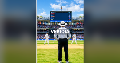 Cricket umpire standing beside a pitch and scoreboard
