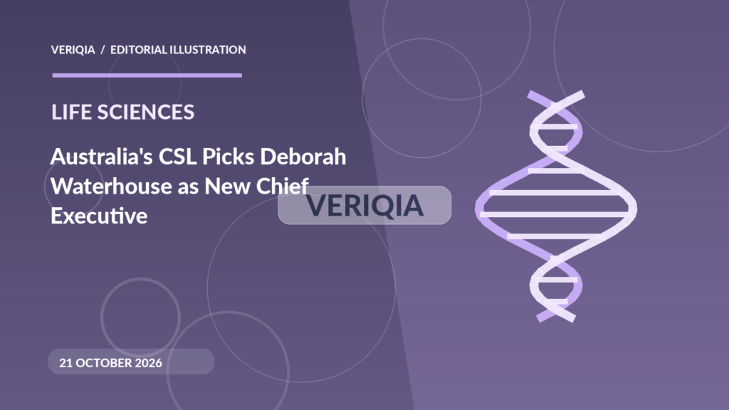 Original illustrated editorial graphic about CSL Deborah Waterhouse new CEO, showing dna imagery, with a centered VERIQIA watermark
