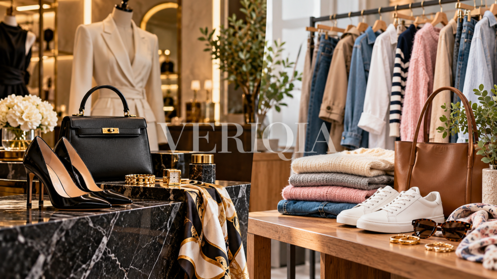 Luxury black handbag and pumps contrasted with everyday clothing and sneakers in a boutique display