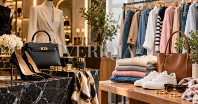 Luxury black handbag and pumps contrasted with everyday clothing and sneakers in a boutique display