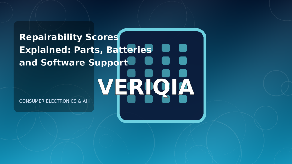 Original editorial illustration illustrating device repairability score explained, with VERIQIA watermark