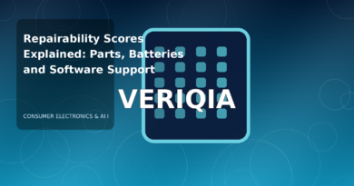 Original editorial illustration illustrating device repairability score explained, with VERIQIA watermark